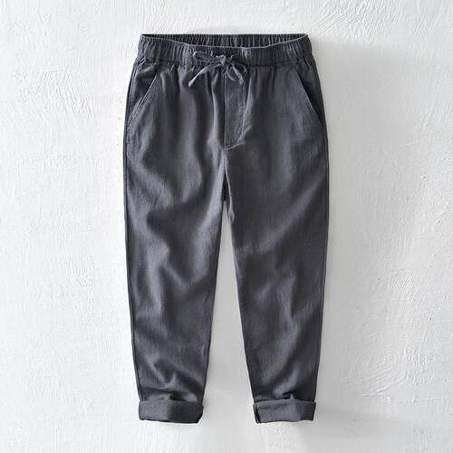 Drawstring elastic waist linen pants for men, straight leg