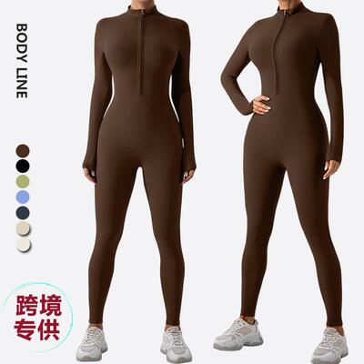 Stand up collar half zipper long sleeved yoga jumpsuit for
