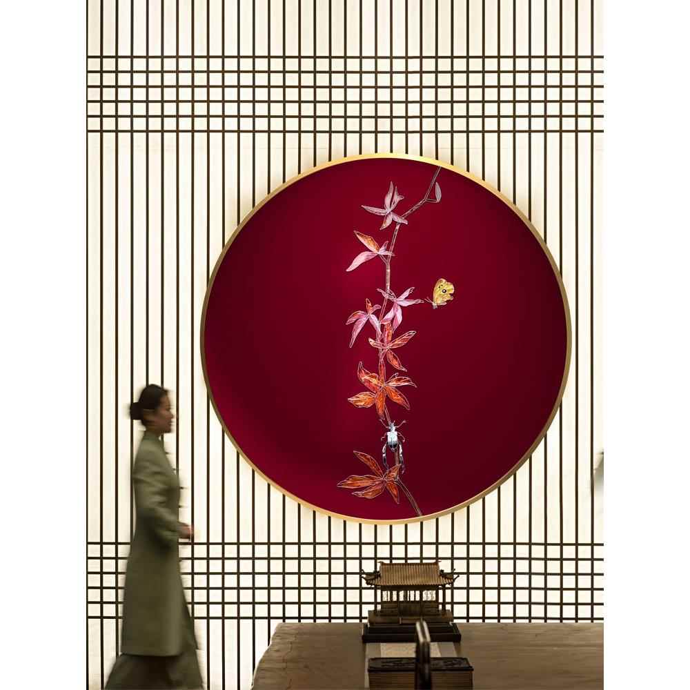 手绘珐琅彩装饰画新中式圆形挂画客厅壁画入户走廊过道墙画禅意画图片