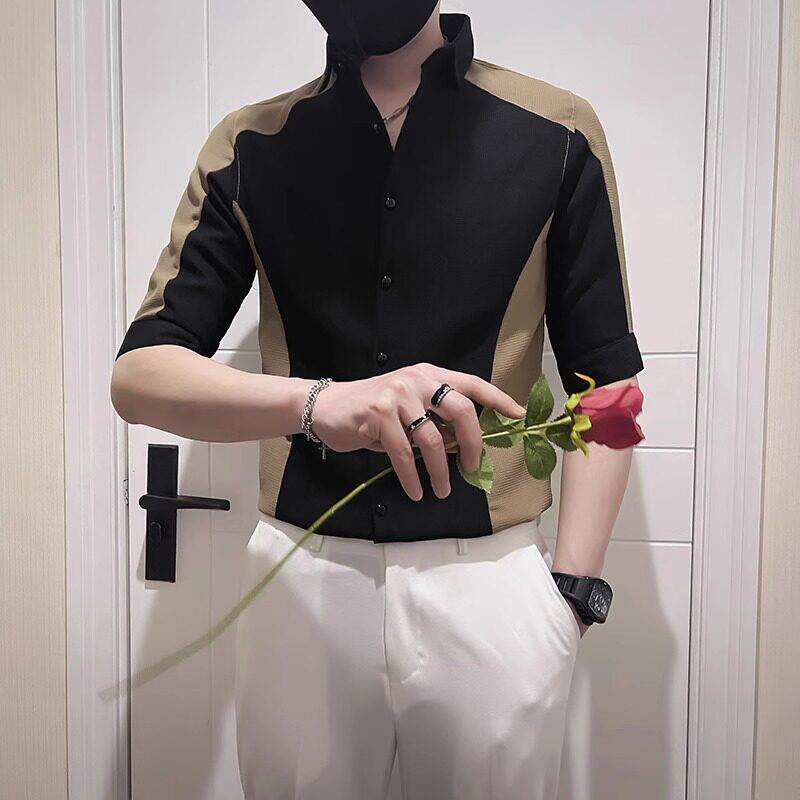 LL男装痞帅七分袖衬衫男潮流设计感短袖寸衫2025新款高级拼接中袖