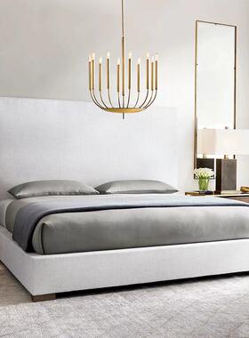 美式轻奢高背1.8米双人床北欧现代亚麻白色别墅布艺主卧床RH软包