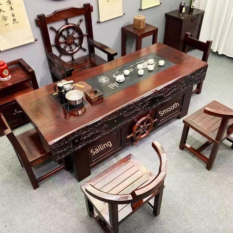 老船木茶几新中式实木功夫茶几桌椅组合办公家居一体机高档茶几