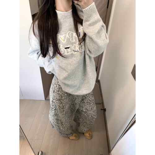 上衣美式覆古灰色毛衣女春秋冬宽松外穿慵懒风感小众套头针1004d
