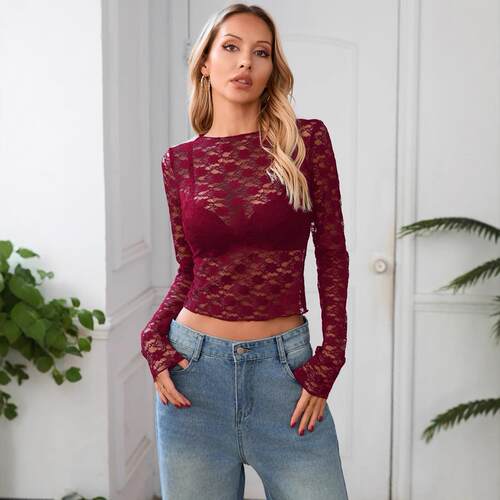 Women Plain Lace Sheer Tee Sexy Sleeve Round Neck shirt