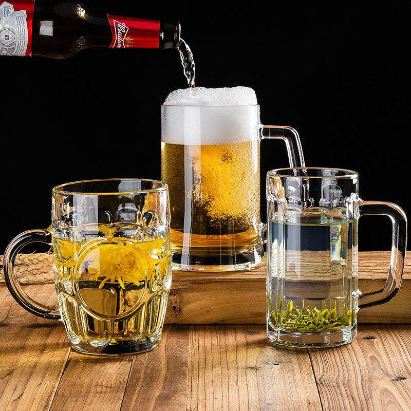 玻璃杯家用透明大号啤酒杯加厚耐热无盖带把花茶杯茶