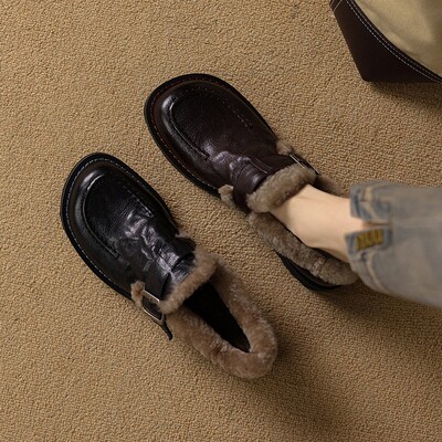 意大利Corso Venezia~羊毛加绒乐福鞋女粗跟一脚蹬中跟豆豆鞋棉鞋