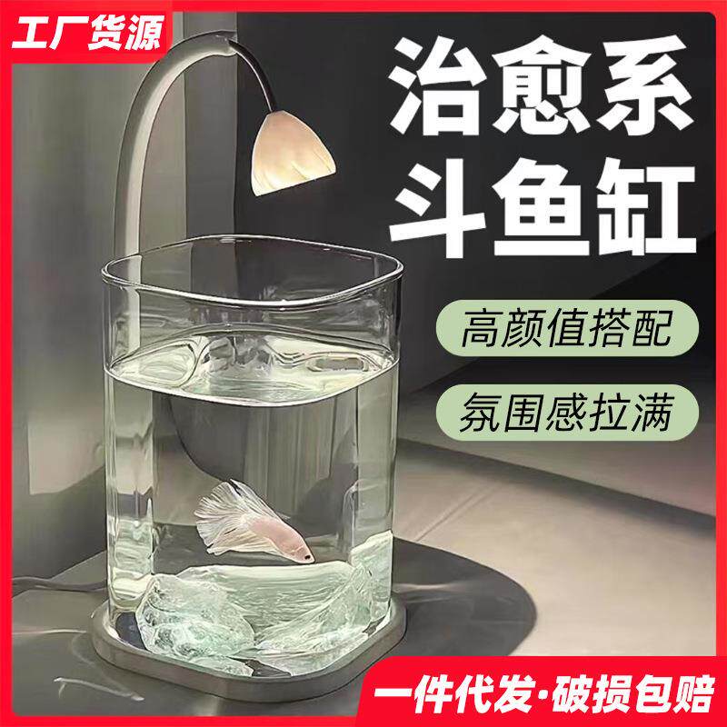 斗鱼适用缸小型网红创意造景玻璃缸桌面观赏小夜灯装饰生态养鱼缸