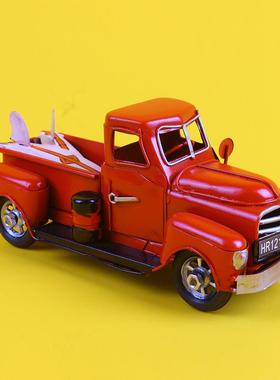 复古手工铁皮汽车模型旅行版皮卡车汽车模型/铁皮车模工艺品