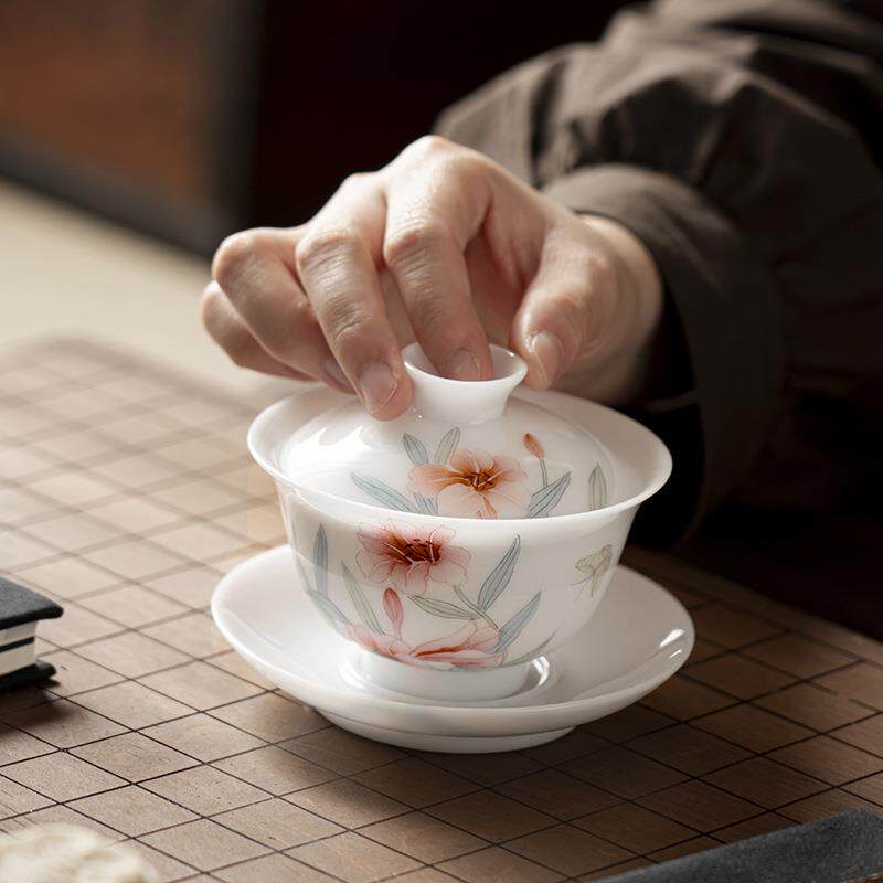 国风手绘冰种三才盖碗茶杯单个陶瓷不烫手盖碗三才茶盏泡茶碗高端