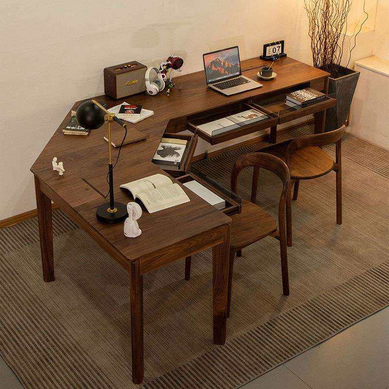 北美黑胡桃双人书桌轻奢实木简约转角老板桌办公桌书房拐角设计师