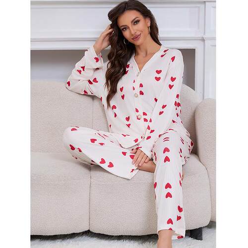 Home clothes, small heart printed round neck long sleeved