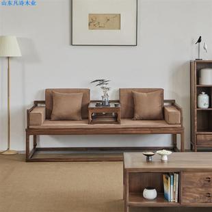 新中式 全实木罗汉黑胡桃木客代厅现简约轻ITO床奢罗型老榆木沙发