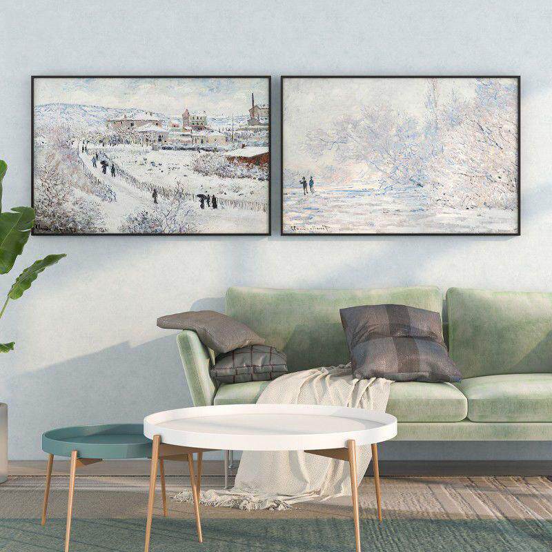 莫奈的雪名画装饰画客厅沙发雪景挂画现代卧室饭厅油画风墙壁画