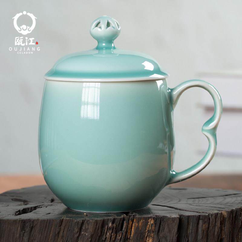 瓯江龙泉青瓷办公杯镂空茶杯带盖陶瓷杯礼盒套装杯浮生覆古宫廷杯