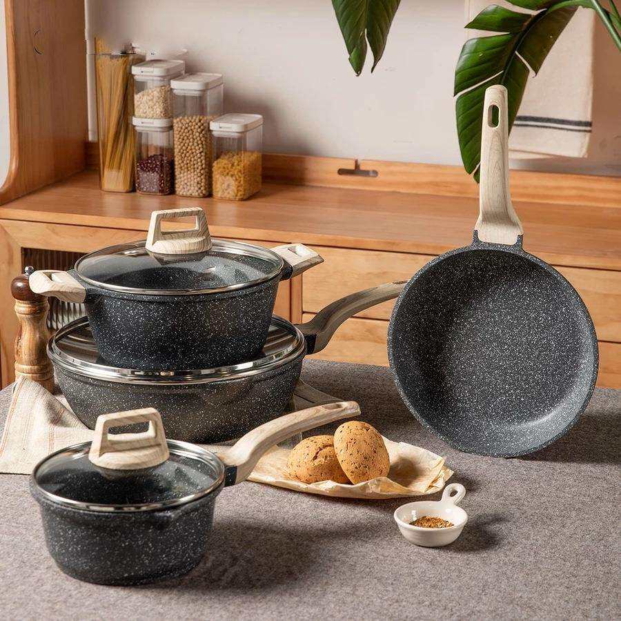 锅具套装七件全套锅组奶锅汤锅煎锅黑色家用麦饭石不粘锅pots