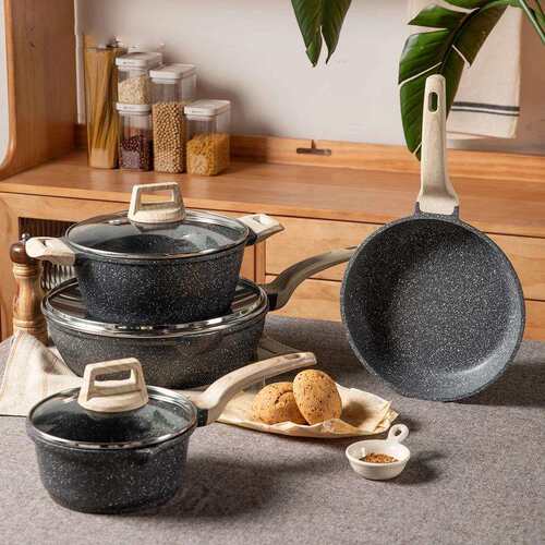 锅具套装七件全套锅组奶锅汤锅煎锅黑色家用麦饭石不粘锅pots