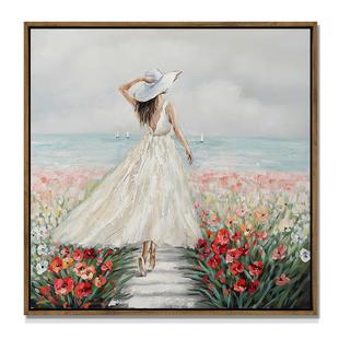 女人复古油画布装 饰画可爱少女田野海边壁画北欧轻奢卧室客厅挂画