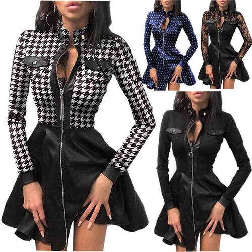 Women's skirt leather splicing waist cinching dress