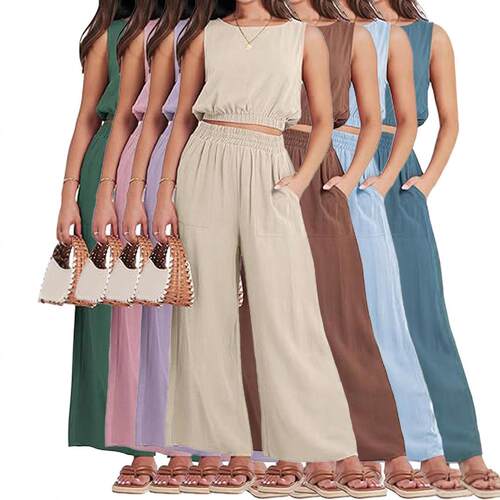 Two Piece Sets for Women Sleeveless Crop Top Wide Leg Pants