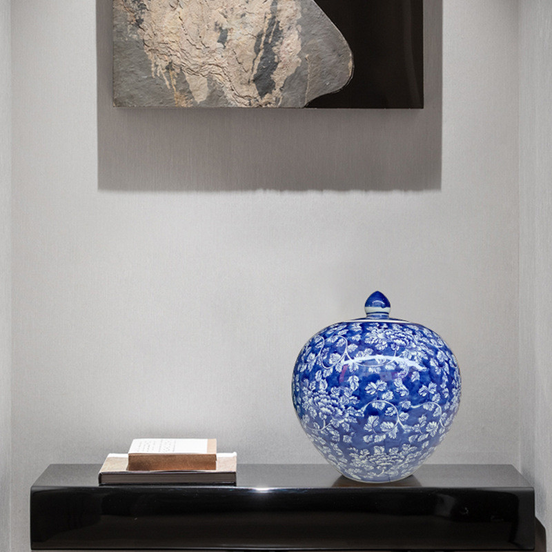 中式复古蓝底青花陶瓷花瓶冬青插花瓶玄关客厅餐厅摆件装饰储物罐