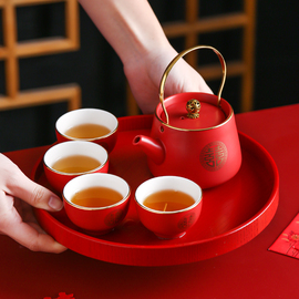 红色婚礼婚庆送结婚礼物中式功夫茶具套装家用陶瓷提梁壶茶壶茶杯