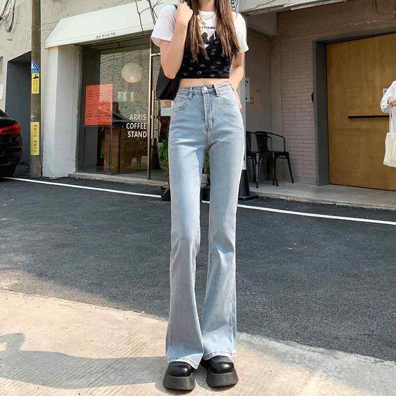 浅色拖地牛仔裤女新款弹力高腰直筒修身百搭显瘦阔腿微喇叭裤子夏