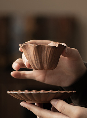 粗陶花瓣茶杯杯垫套组家用老岩泥功夫茶具单个主人杯个人用品茗杯