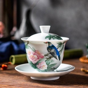 八旬省大师袁述凡纯手绘主人杯功夫茶具品茗杯 撕毛工艺陶瓷盖碗