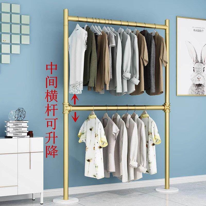 轻奢双层挂衣架落地卧室家用双杆式大理石衣帽架升降晾晒衣服架子