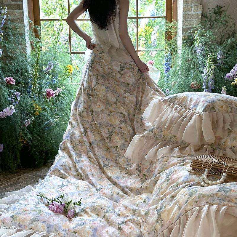 法式复古天丝棉磨毛四件套床单被套荷叶边田园风数码印花床上用品