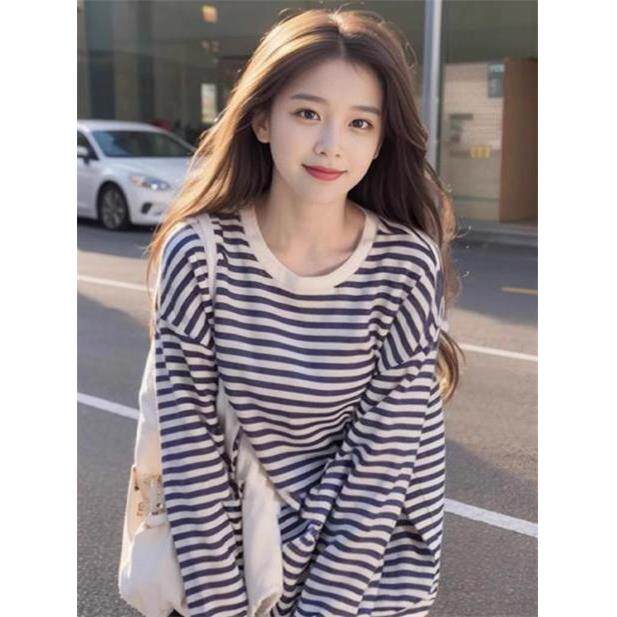 专柜条纹拼色长袖圆领卫衣女2025早秋款时尚减龄慵懒风打底衫上衣