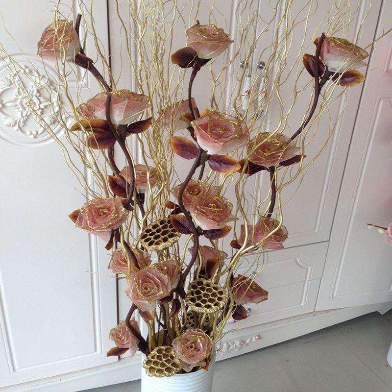叶脉干花客厅落地假花仿真干枝插花玫瑰花居家新房装饰干树枝