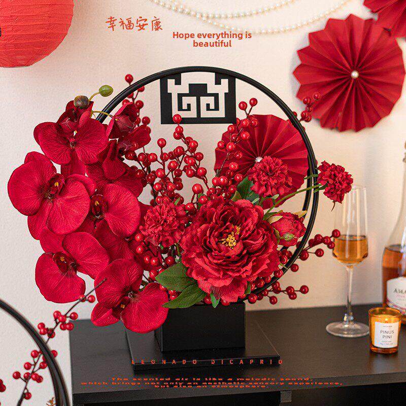 中国式新年红果桌插花花人造花假花装饰花财运果插花除夕夜花摆件