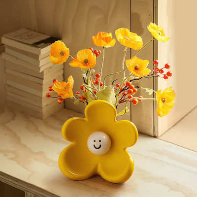 贝汉美高颜值简约花朵微笑花瓶田园风家居民宿装饰摆件乔迁伴手礼