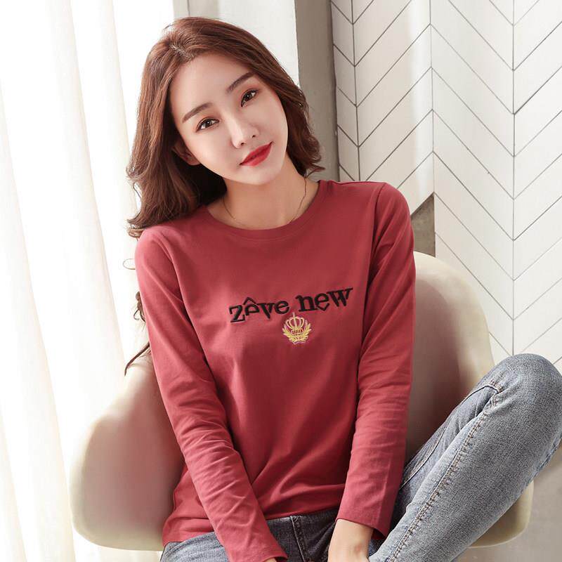 香港站2025春季新款圆领刺绣百搭纯棉长袖t恤女士高端品牌打底衫