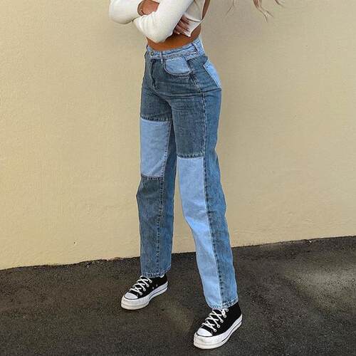 Straight leg women's pants autumn black patchwork mid