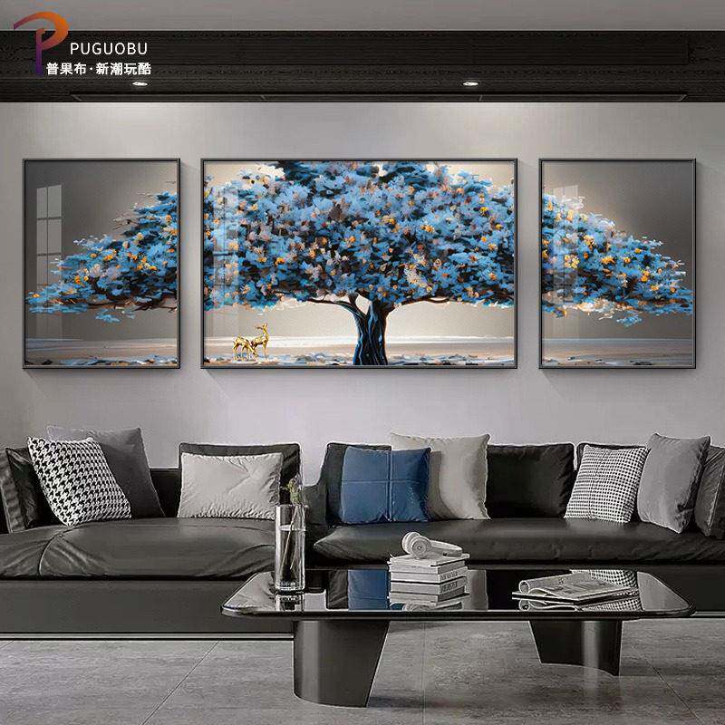 现代简约客厅装饰画发财树沙发背景墙三联挂画寓意好晶瓷镶钻壁画