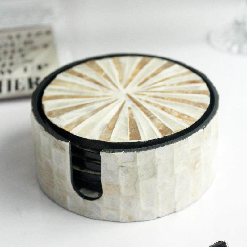 东南亚手工彩贝壳杯垫创意天然贝母隔热垫子轻奢木质装饰碗垫美式