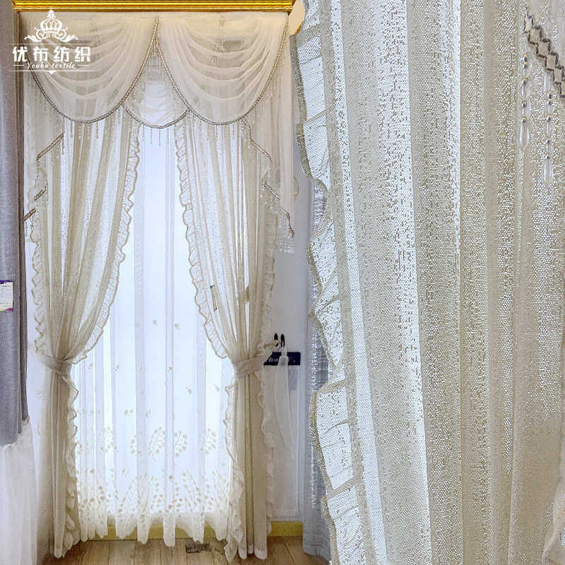 田园公主风米色纱荷叶花边盘绣金丝纱贴绒绣花窗纱可代理支持代发