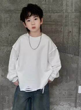 韩国男童白色破洞卫衣春秋儿童帅气打底衫男孩长袖t恤纯棉上衣潮