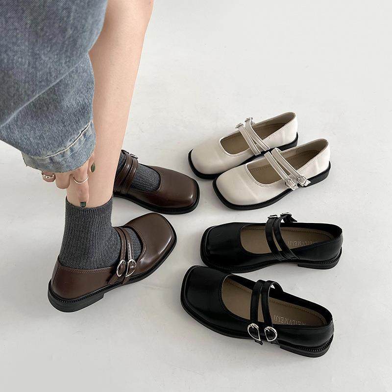 白色方头复古法式浅口平底单鞋女外穿2026新款夏季配裙子玛丽珍鞋