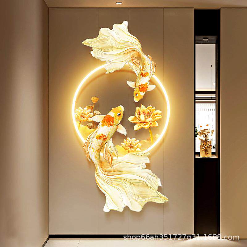 九鱼荷花图玄关装饰画锦鲤走廊带灯挂画轻奢年年有余入户发光壁饰