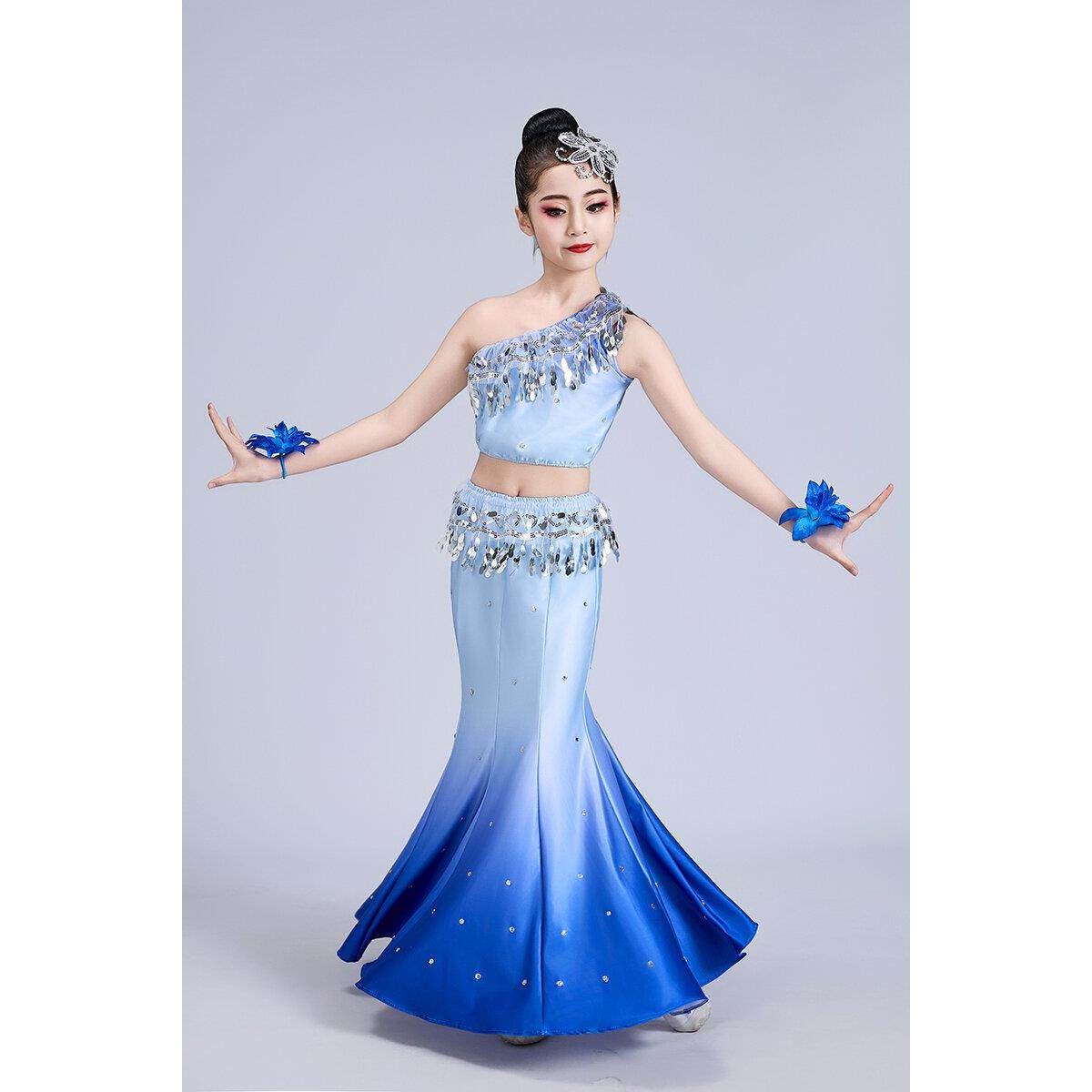 高档儿傣族舞蹈出服弹演力童雀舞蹈服女童幼儿鱼孔尾裙表演服傣族