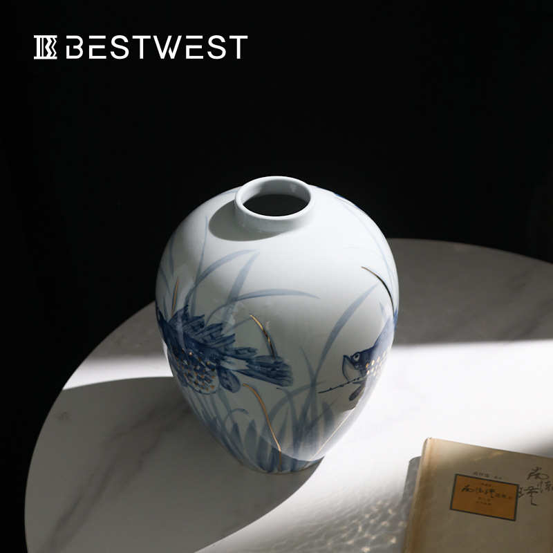 轻奢高级感青花瓷花瓶摆件景德镇陶瓷花器新中式客厅餐桌水培器皿