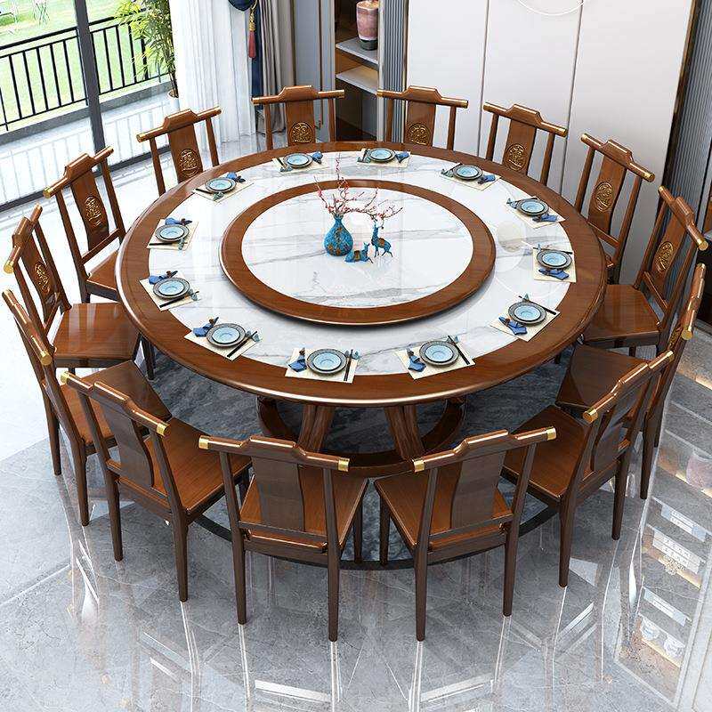 新中式岩板餐桌椅组合大圆桌吃饭桌子酒店家用圆形饭桌实木带转盘