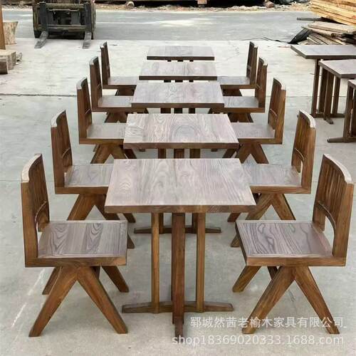 新款老榆木茶桌自然纹理实木门板桌长方形办公桌椅做旧餐桌喝茶桌