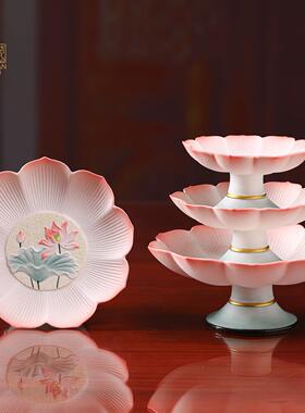 莲花供果盘陶瓷高脚贡品盘家用供佛具观音上供干果盘果碟供奉托盘