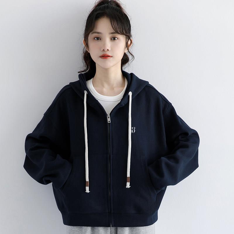 韩国2025新款藏蓝色连帽卫衣外套女春秋拉炼开衫休闲短款上衣冬潮