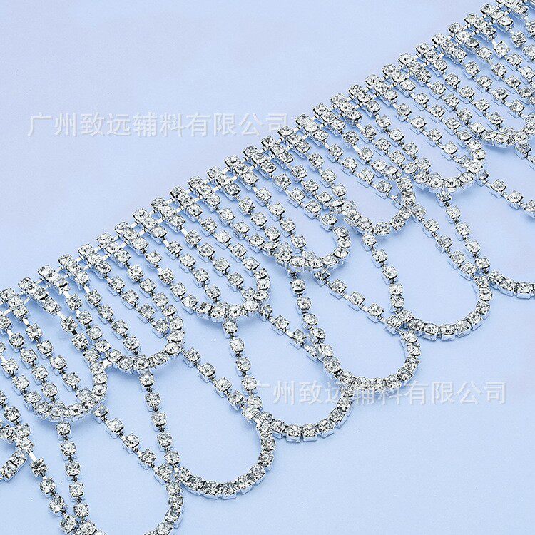 热销货源烧焊双层流苏链条水钻服装鞋包DIY玻璃链条饰品条码配件