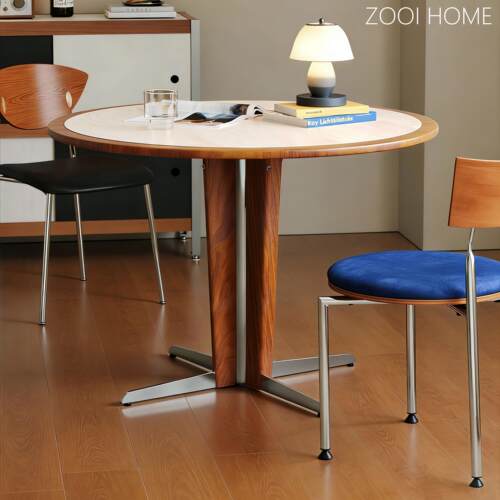 ZOOIHOME浮月圆桌中古包豪斯风设计师新款小众白蜡木内嵌岩板餐桌